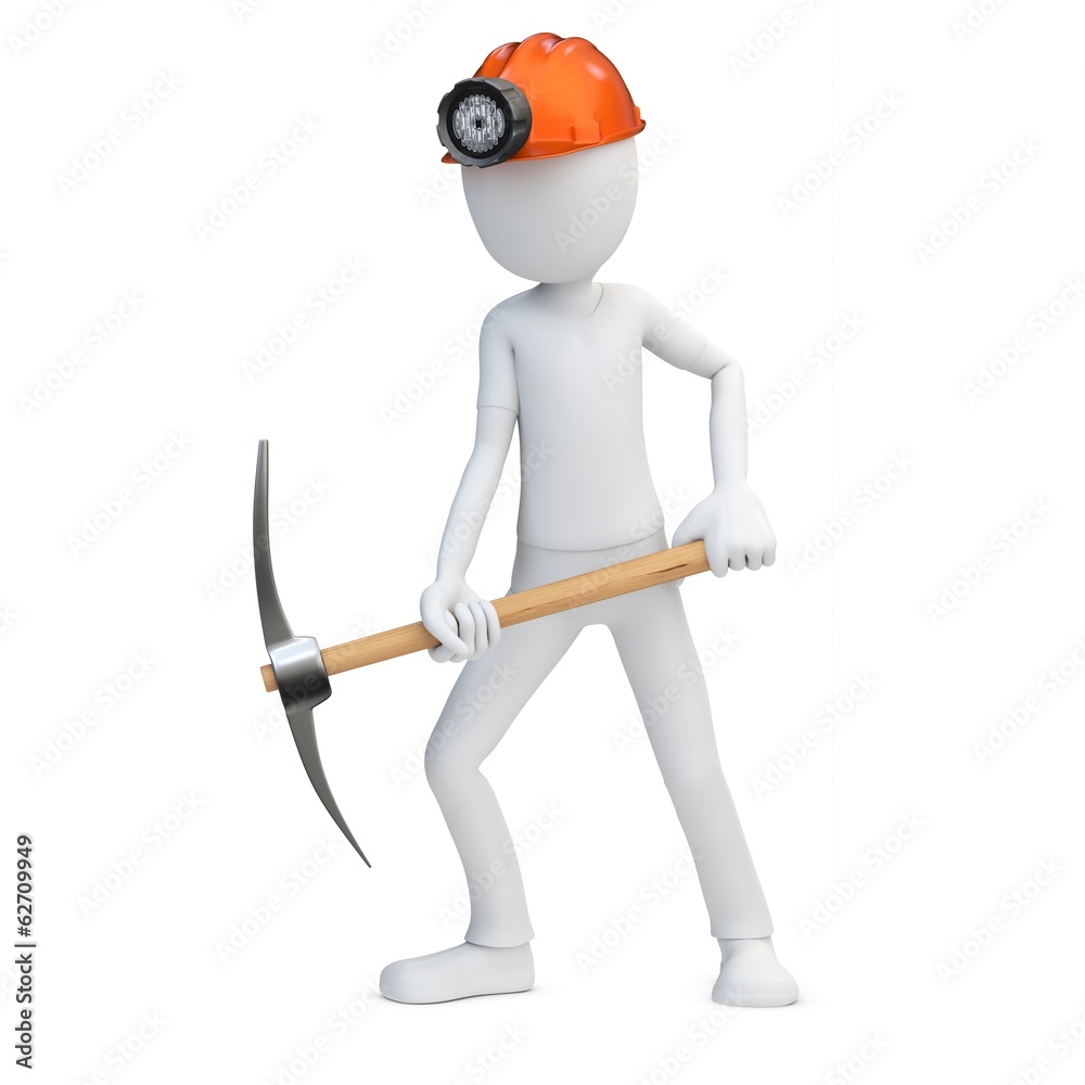 3d man miner with hardhat and pickaxe