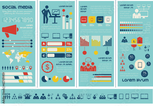 Flat Social Media Infographics plus Icon Set. Vector.
