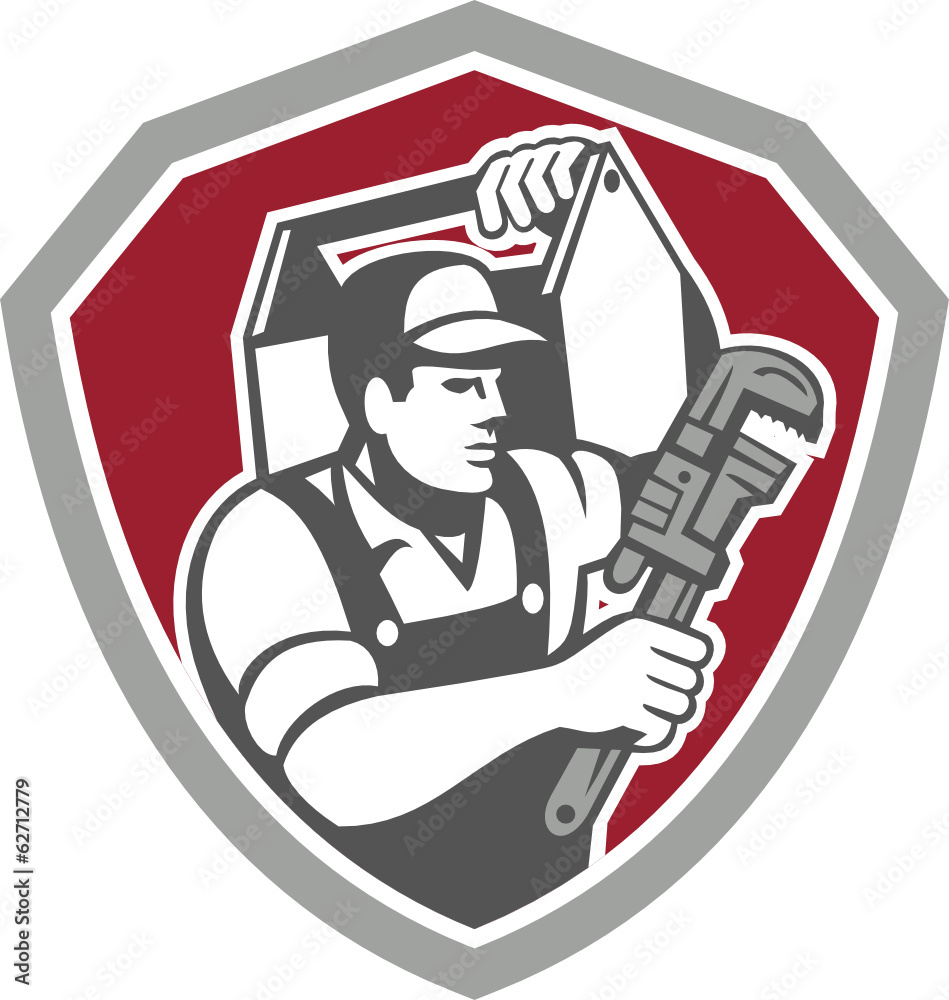 Plumber Carry Toolbox Wrench Shield Retro Plumber Carry Toolbox Wrench Shield Retro