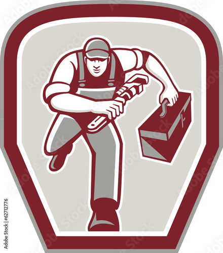 Plumber Carry Toolbox Wrench Running Retro