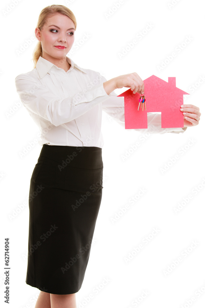 Business woman real estate agent holding red paper house keys Business woman real estate agent holding red paper house keys
