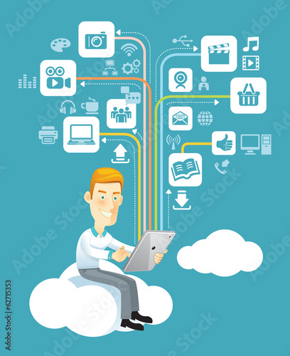 Business man using a tablet sitting on a cloud with social media photo