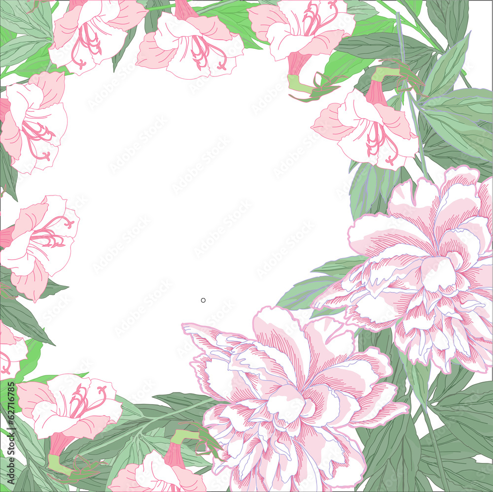 Background with two pink  peonies and pink flowers