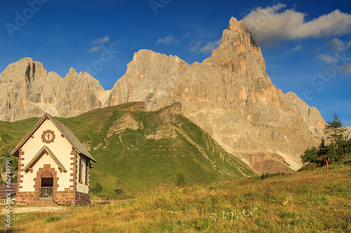 Typical Tirolian chapel in the Dolomites Cimon Della Pala Italy