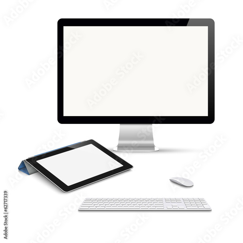 Realistic vector tablet computer, monitor with keyboard and mous