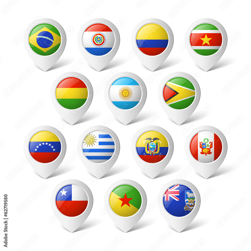 Map pointers with flags. South America. Map pointers with flags. South America.
