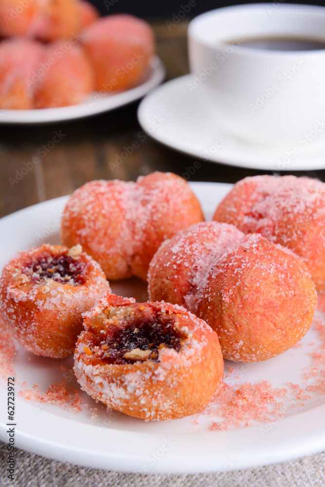 Delicious cookies peaches on table close-up