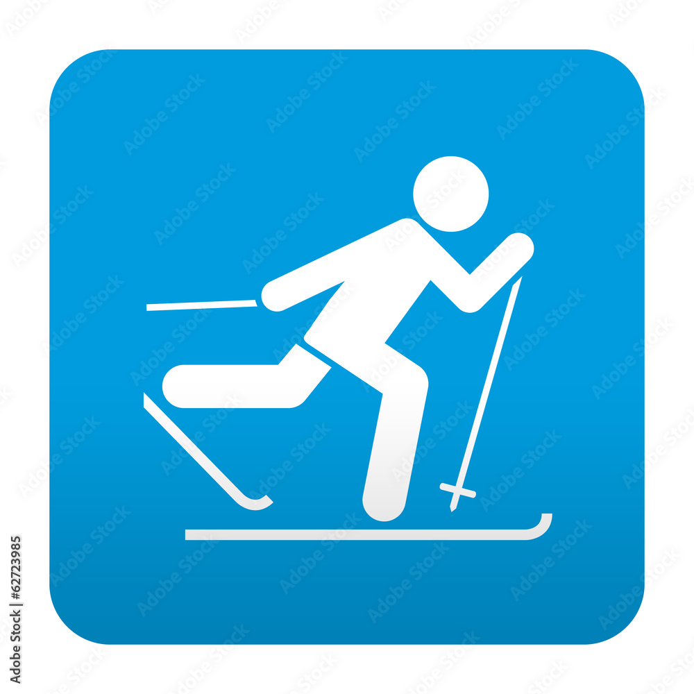 Etiqueta tipo app azul simbolo esqui de fondo