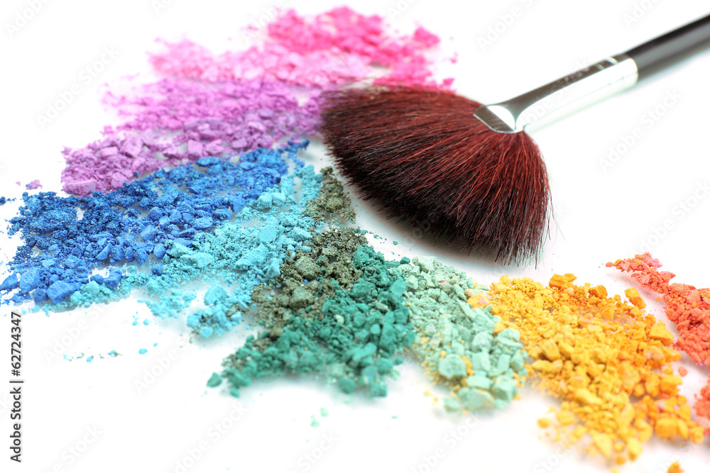 Rainbow crushed eyeshadow and professional make-up brush close - obrazy, fototapety, plakaty 