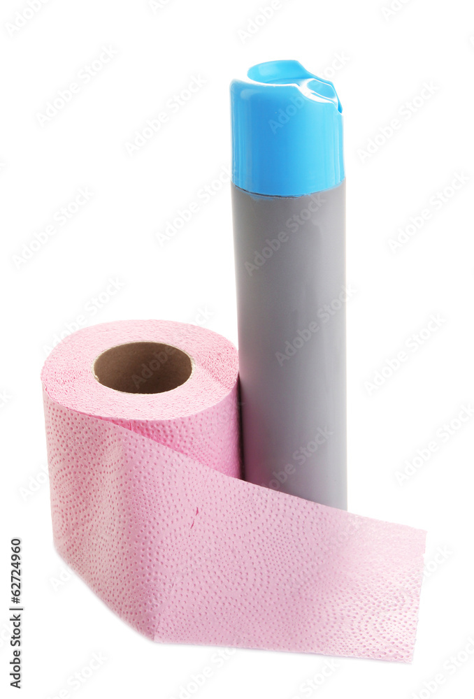 Color toilet paper roll and air fresher. isolated on white Color toilet paper roll and air fresher. isolated on white