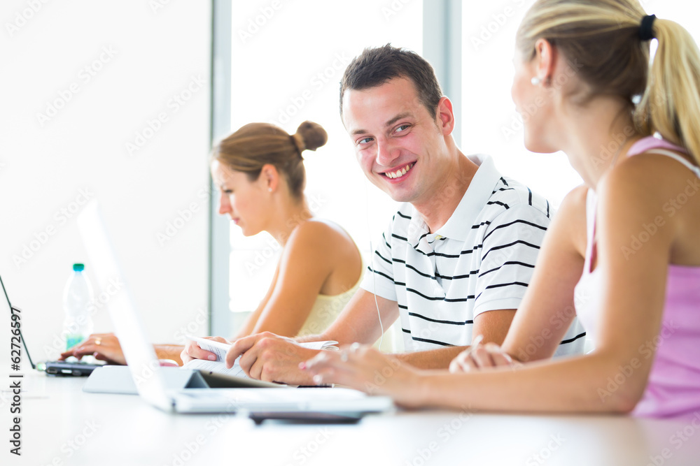 Obraz premium In the library - group of college/university students, friends,