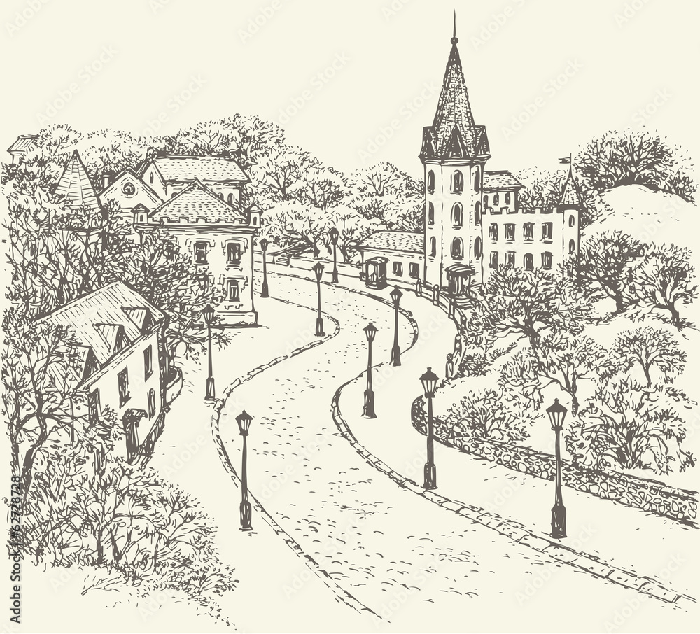 Obraz premium Street of old town along park and ancient castle