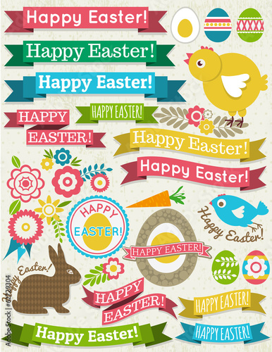 background with ribbon, easter eggs, rabbit and flower, vector
