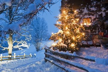 Austria, Salzburg Country, Flachau, View of illuminated Christmas tree with sleigh in front of alpine hut at dusk