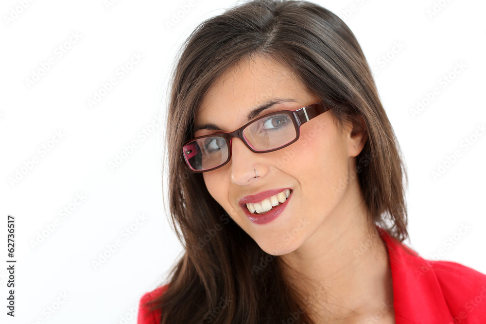 Attractive brunette woman with red jacket and eyeglasses