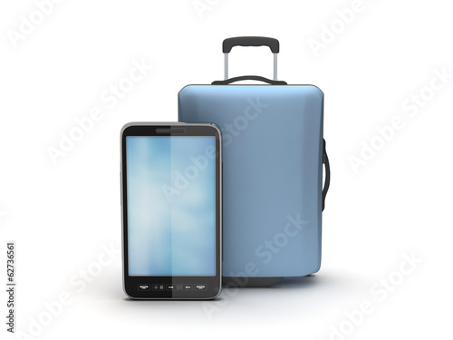 Smartphone and blue suitcase on white background