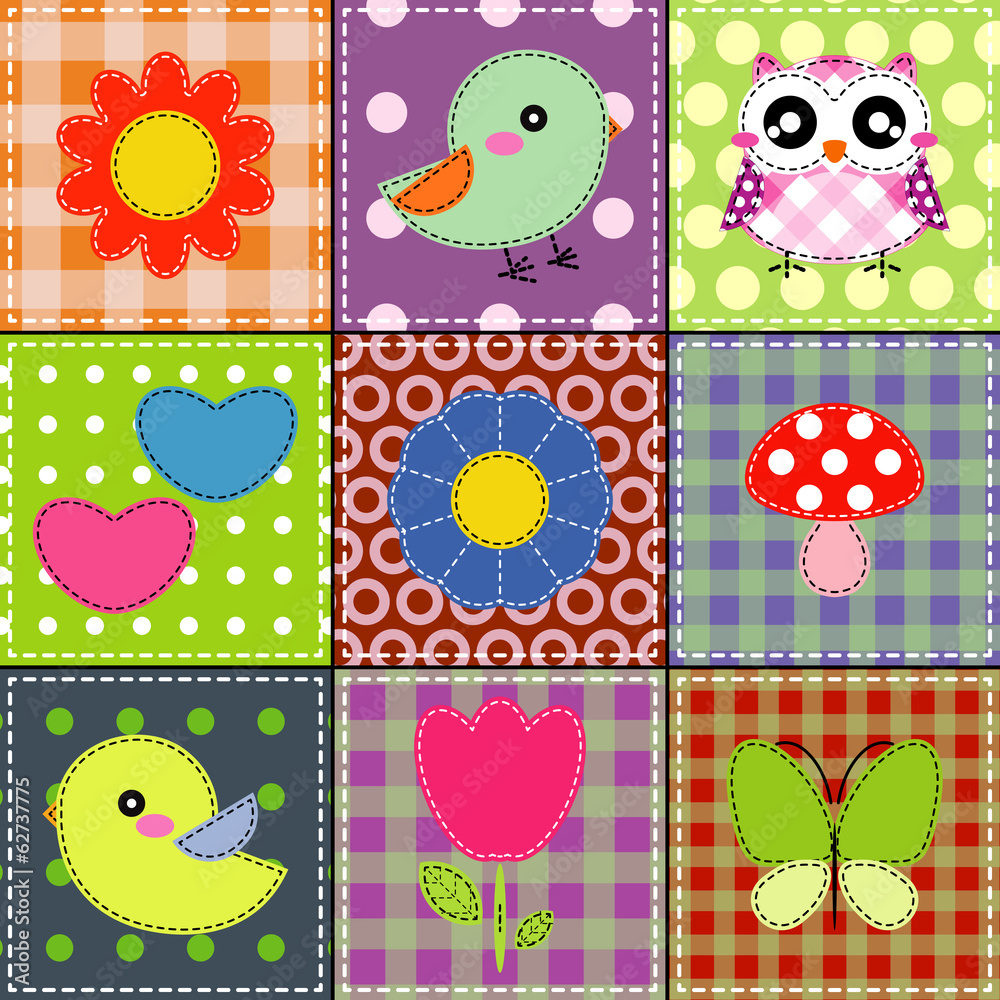 Obraz premium Background with heart, flower, mushrooms, butterfly and birds
