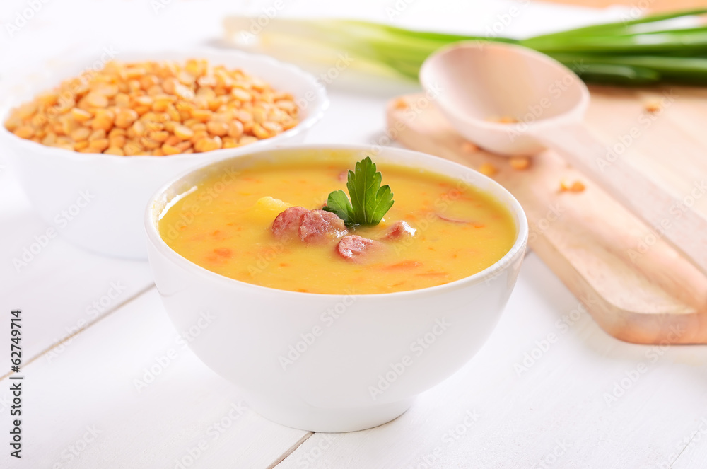 Pea soup in a white bowl Pea soup in a white bowl