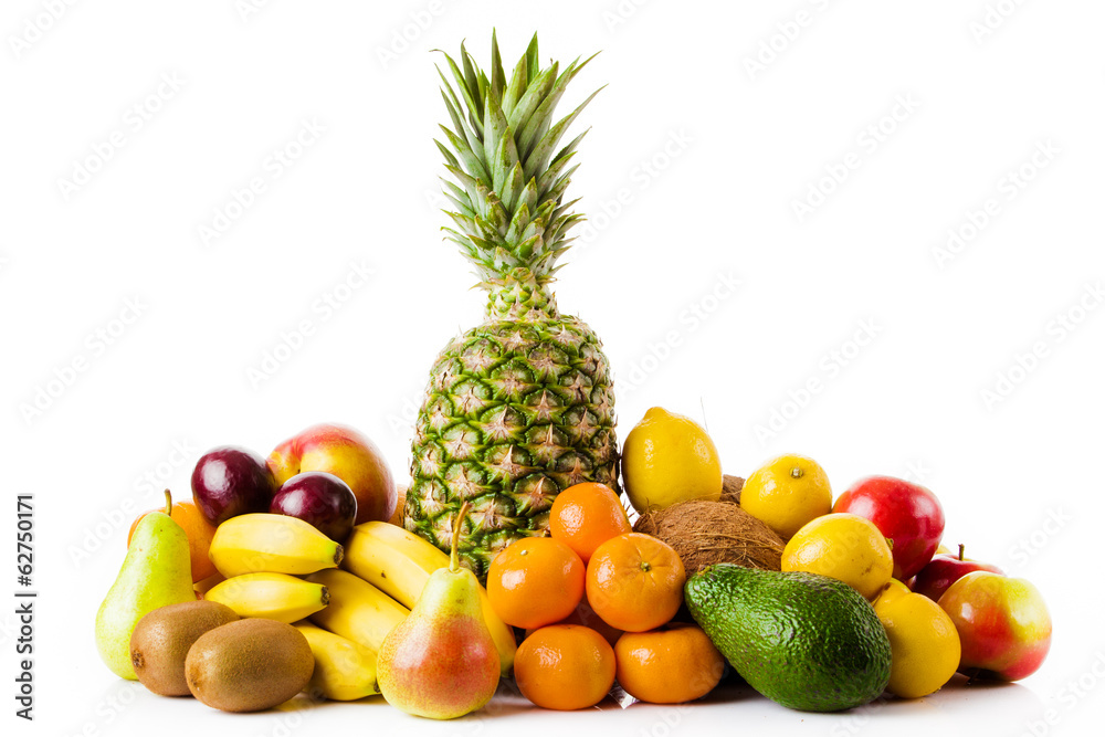 Fresh fruits isolated on a white . Set of different fresh fruits