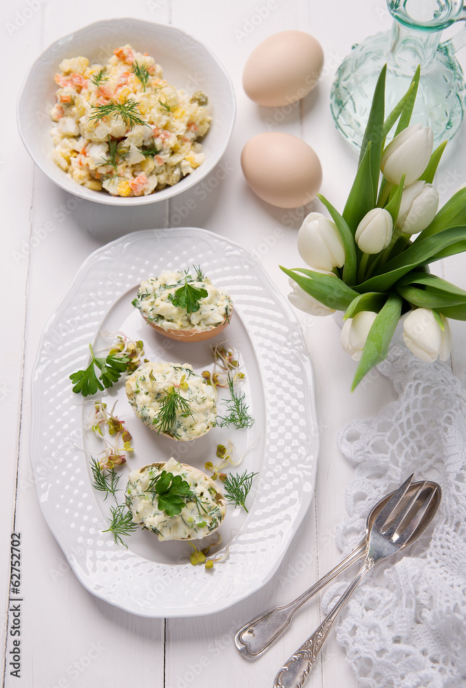 easter dishes,stuffed eggs and potato salad - obrazy, fototapety, plakaty 