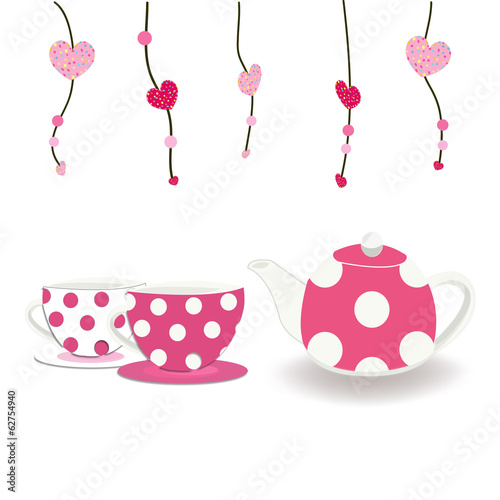 Pink teacup and teapot with hearts vector