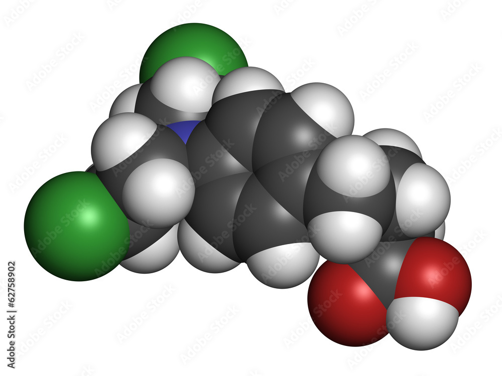 Chlorambucil leukemia drug molecule. Nitrogen mustard. Chlorambucil leukemia drug molecule. Nitrogen mustard.