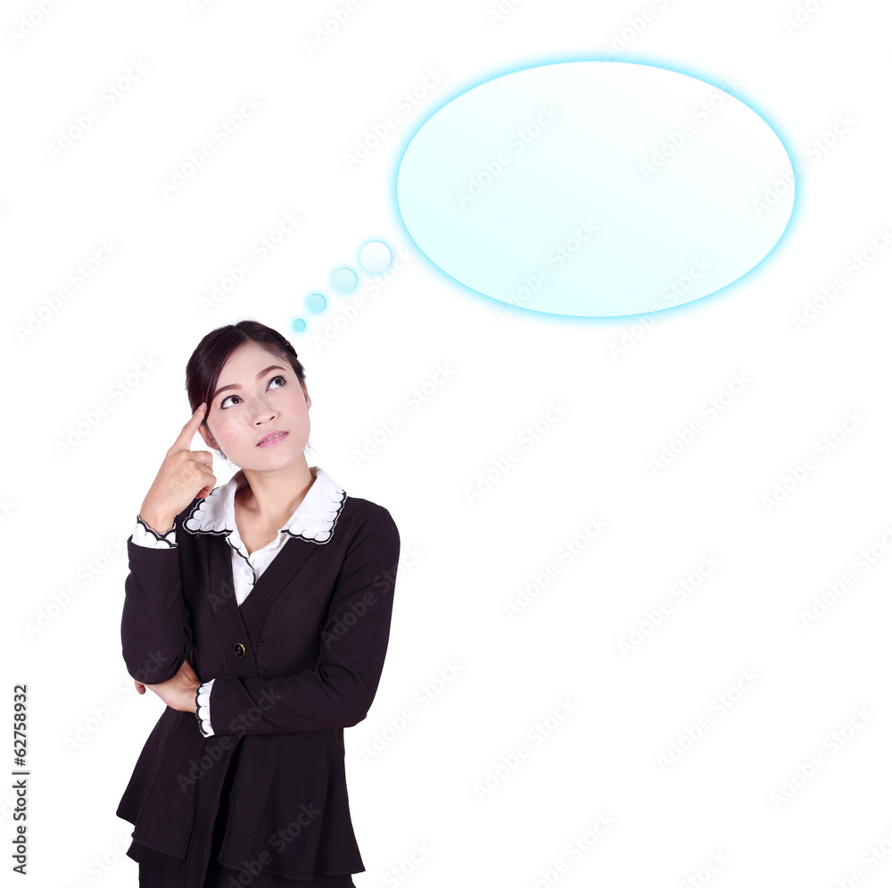 thinking business woman looking up on speech empty bubble thinking business woman looking up on speech empty bubble