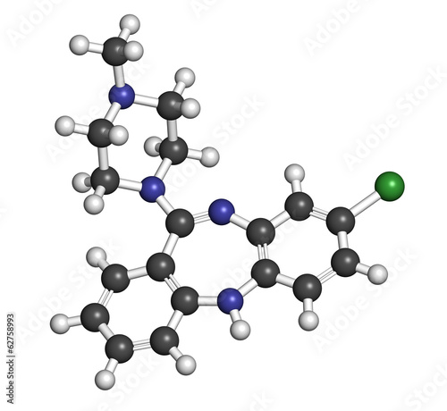 Clozapine atypical antipsychotic drug molecule. Neuroleptic drug photo