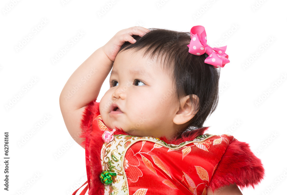 Chinese baby girl scratching head Chinese baby girl scratching head