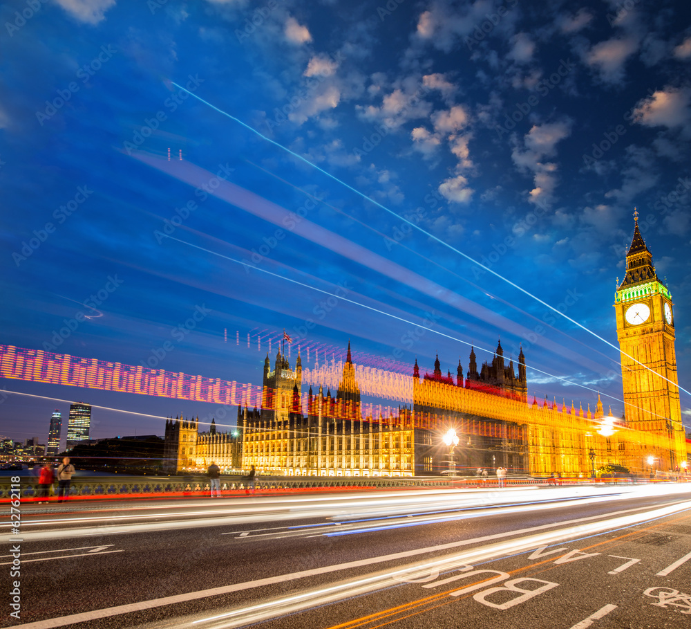 Car light trails in Westminster Bridge at night