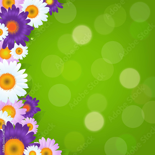 Fototapeta Naklejka Na Ścianę i Meble -  Colorful Gerbers Flowers Frame With Green Bokeh