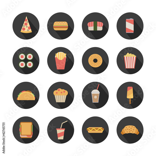 flat fast food icons on round dark background