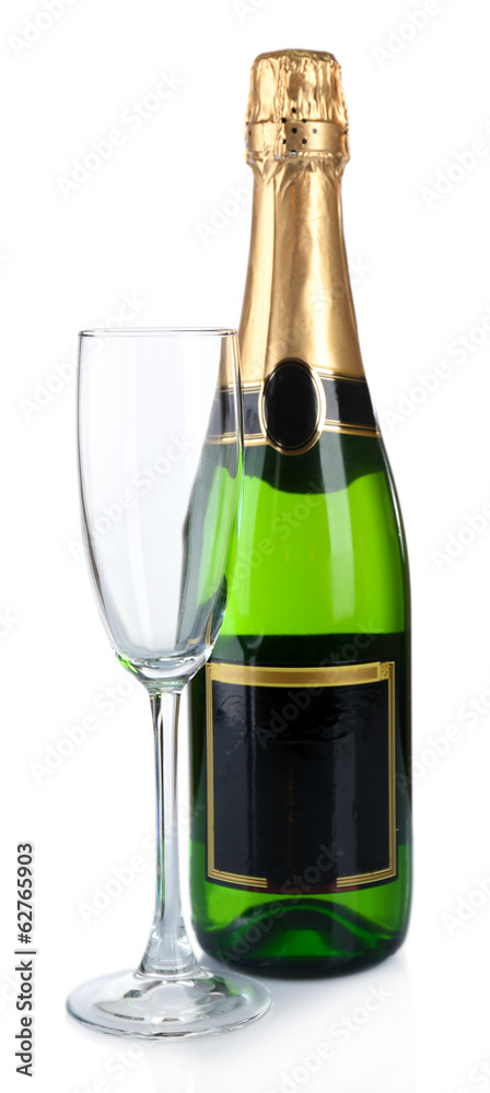 Bottle of champagne and empty champagne glass, isolated on Bottle of champagne and empty champagne glass, isolated on