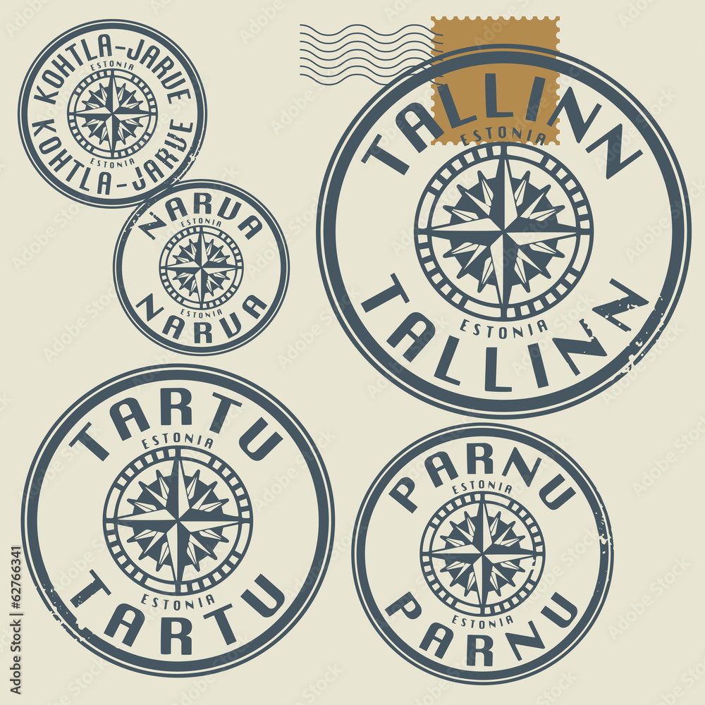 Grunge rubber stamp set with names of Estonia cities