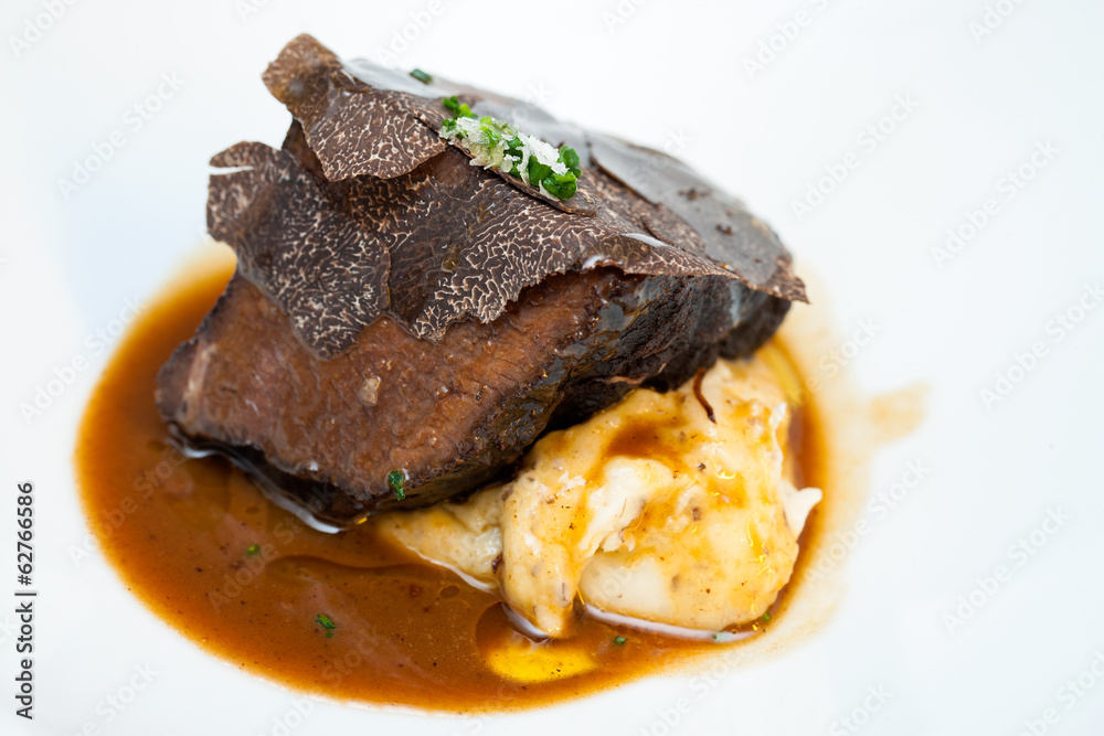 Roasted beef with black truffle and mashed potatoes. Roasted beef with black truffle and mashed potatoes.