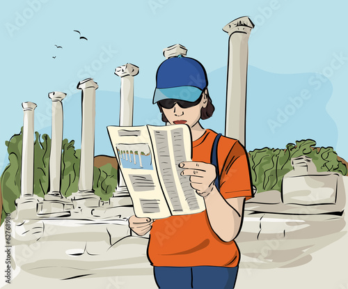 Tourist at Archaeological Site Illustration