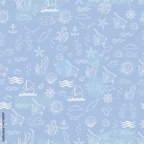 Seamless sea pattern with sea inhabitants on a blue background