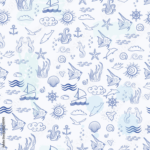 Seamless sea pattern with sea inhabitants on a white background