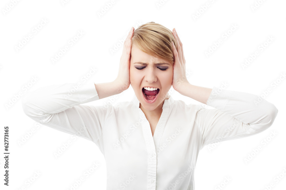 Angry business woman cover her ears and scream Angry business woman cover her ears and scream