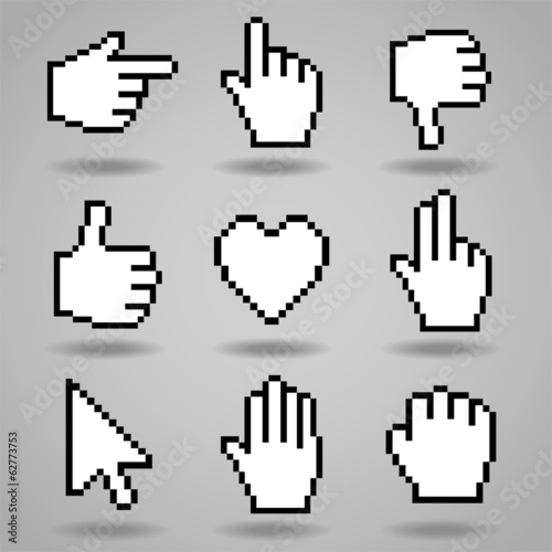 Pixel cursors icons: hand, arrow and heart. Vector illustration.