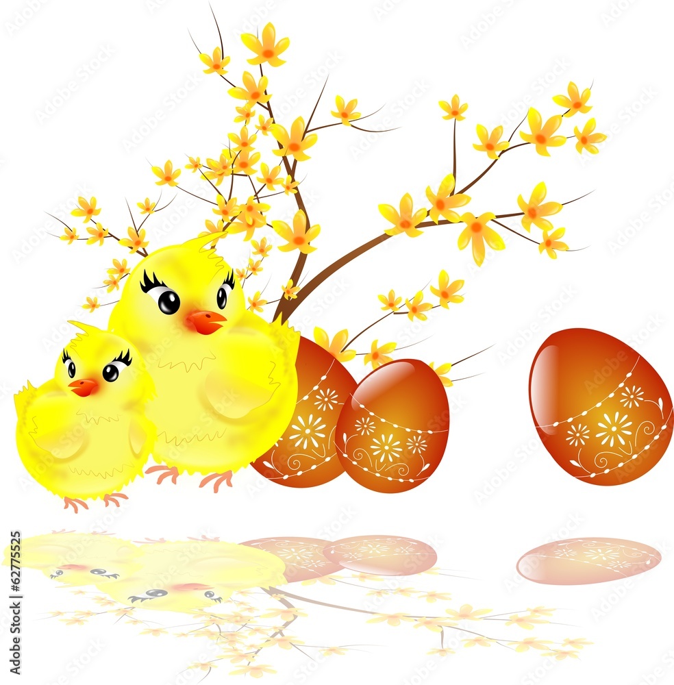 Easter eggs, chicken and laburnum Easter eggs, chicken and laburnum