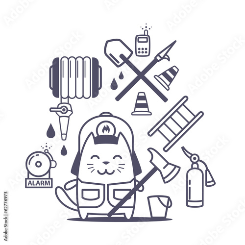 Character firefighter in coveralls and helmet line art compositi