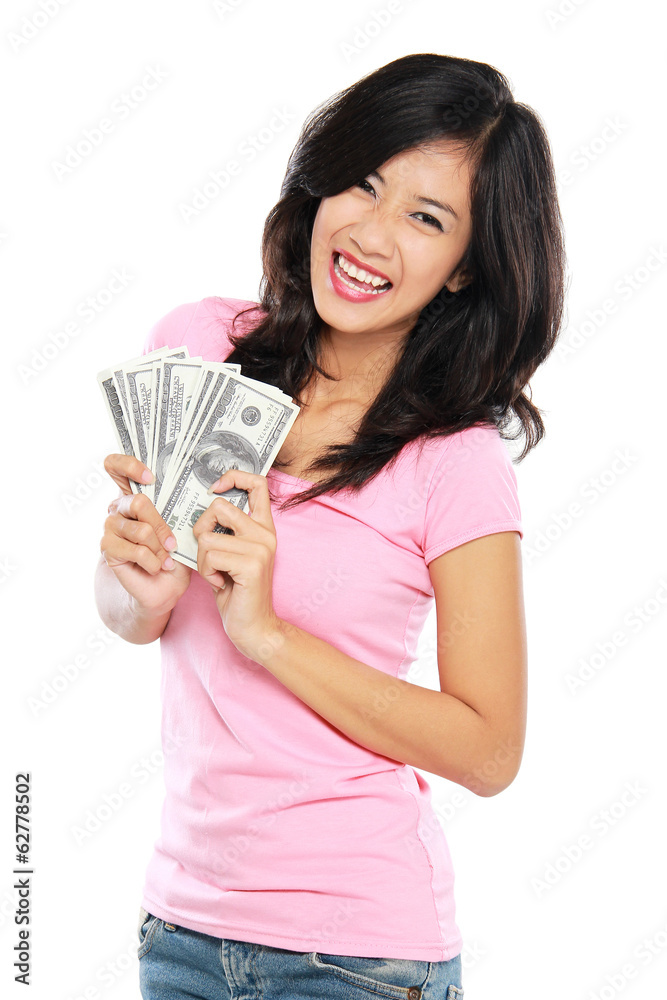 woman showing money isolated on white background woman showing money isolated on white background