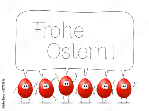 Lustige rote Comic-Eier mit Sprechblase "Frohe Ostern!"