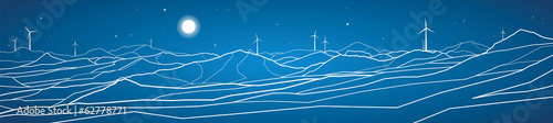 Vector ecology panorama, mountains landscape, windmills