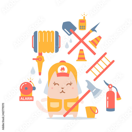 Character firefighter in coveralls and helmet colorful flat comp