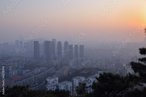 Pollution problem in China with Dalian city aerial view