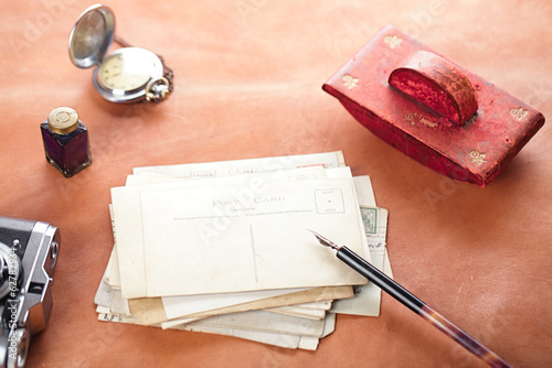 retro photo post cards , vintage ink , pen, blotter and camera