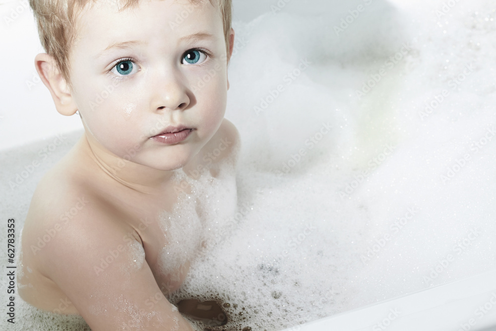 Little Boy in the Bath.Funny Child in Foam Little Boy in the Bath.Funny Child in Foam