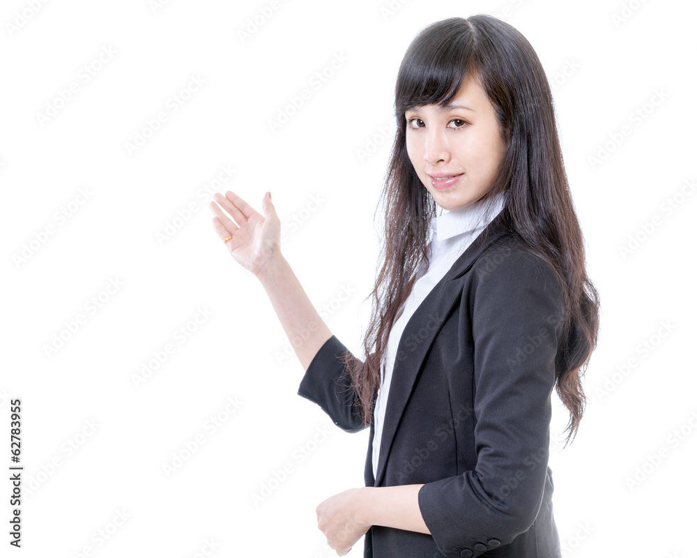 Chinese businesswoman showing with hand Chinese businesswoman showing with hand